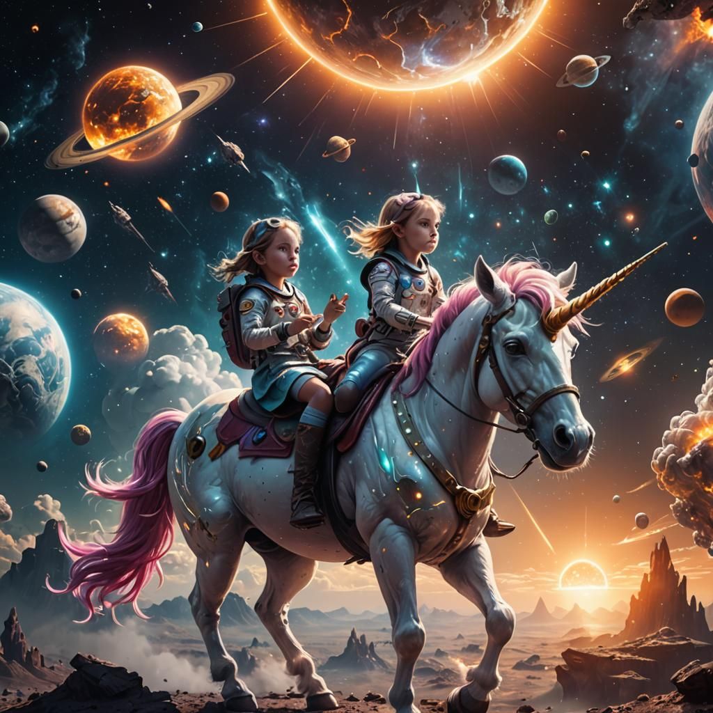 Girl on Unicorn in Space with UFO: Fantasy Art
