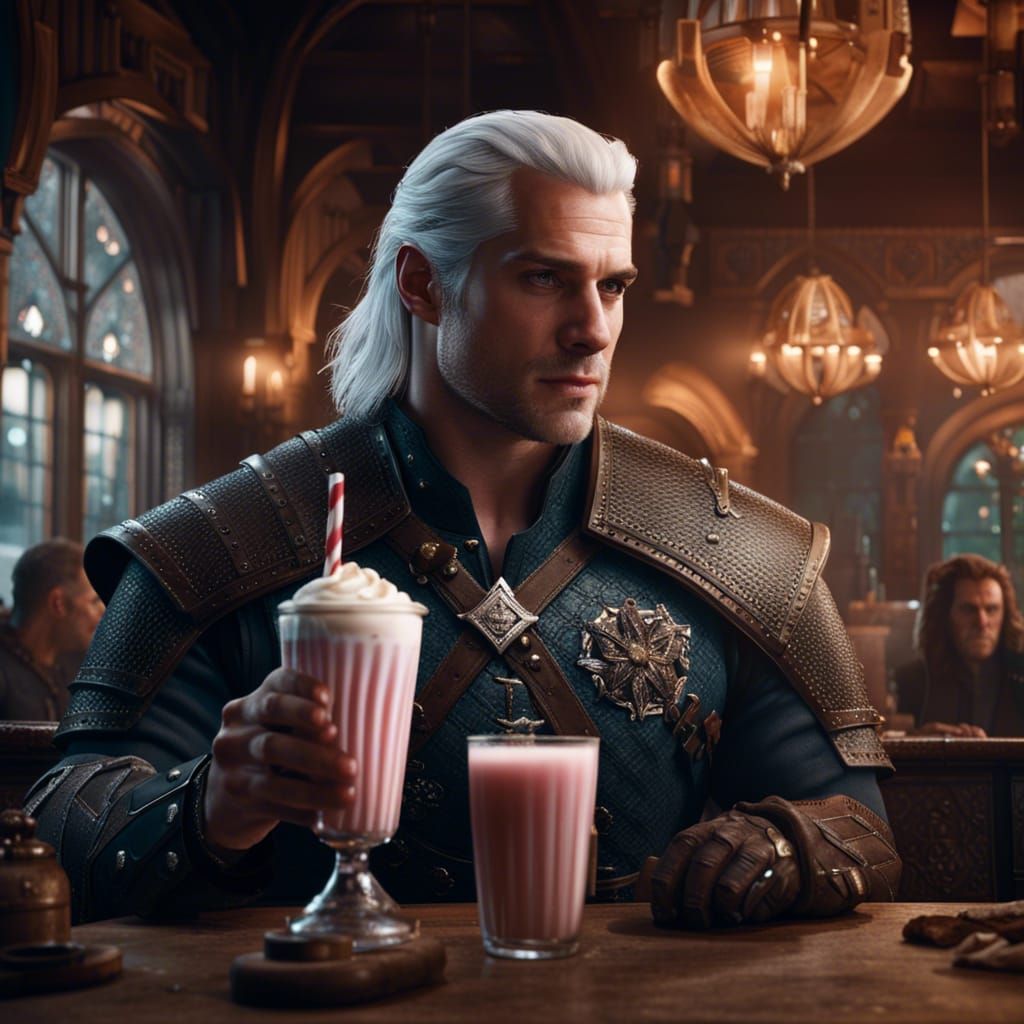 The Witcher Drinks Milkshake: Detailed Fantasy Art