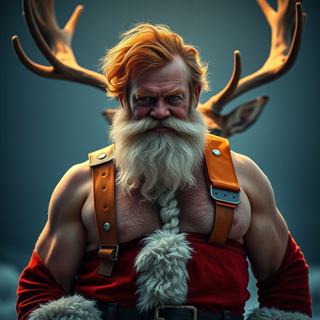 Santa Claus in Leather Harness with Reindeer