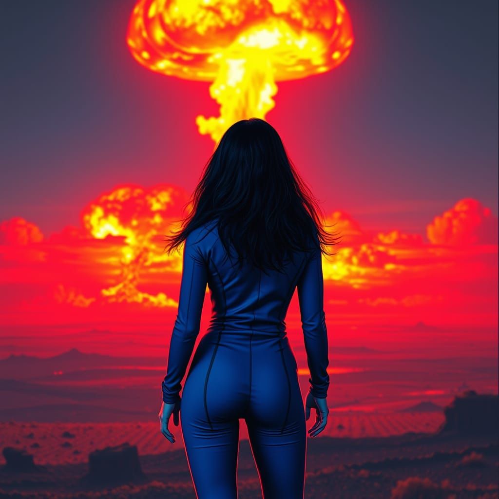 Dark Haired Vault Dweller Observes Nuclear Blast in Futurist...