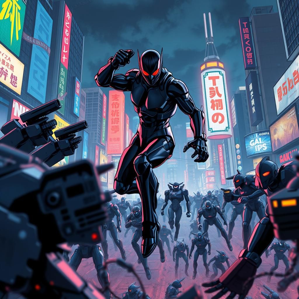 Dynamic Robot Battle in Neon Seoul: Anime Style