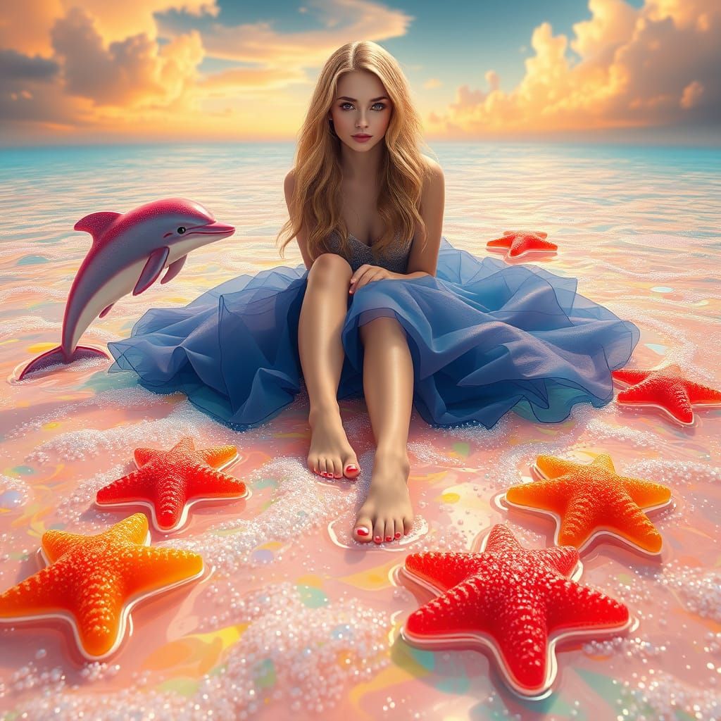 Woman on Soda Sea with Candy Dolphins: Surreal Art