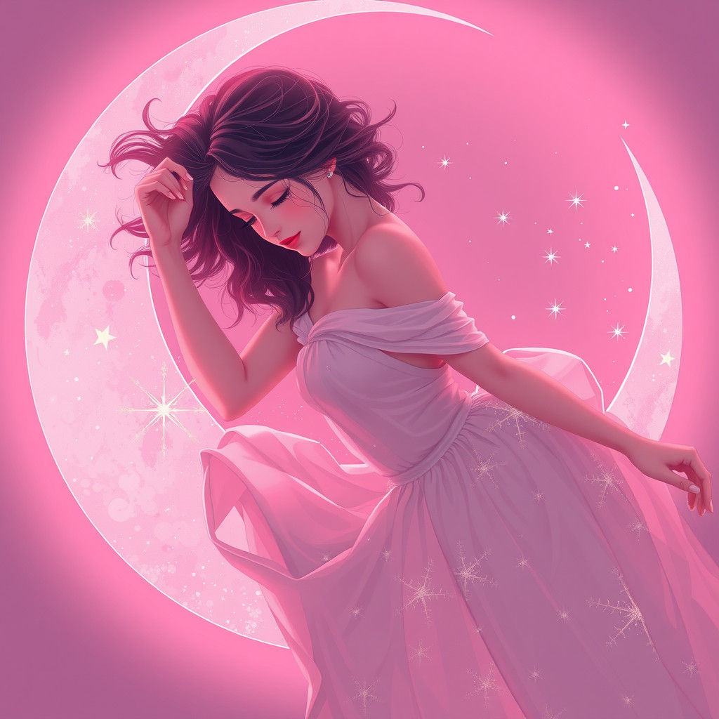 Ethereal Woman on Moon in Dreamlike Pink Light