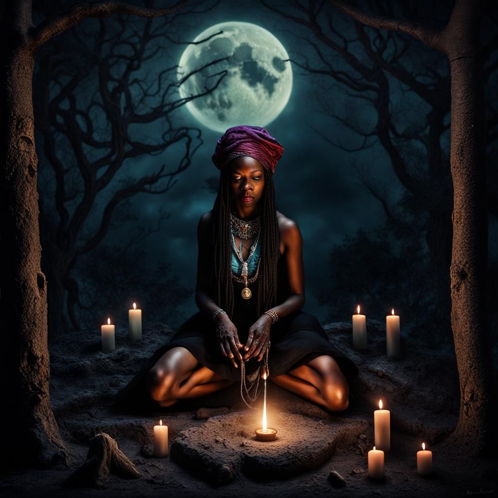 a Haitian Voodoo Sorceress doing a ritual in the moonlight