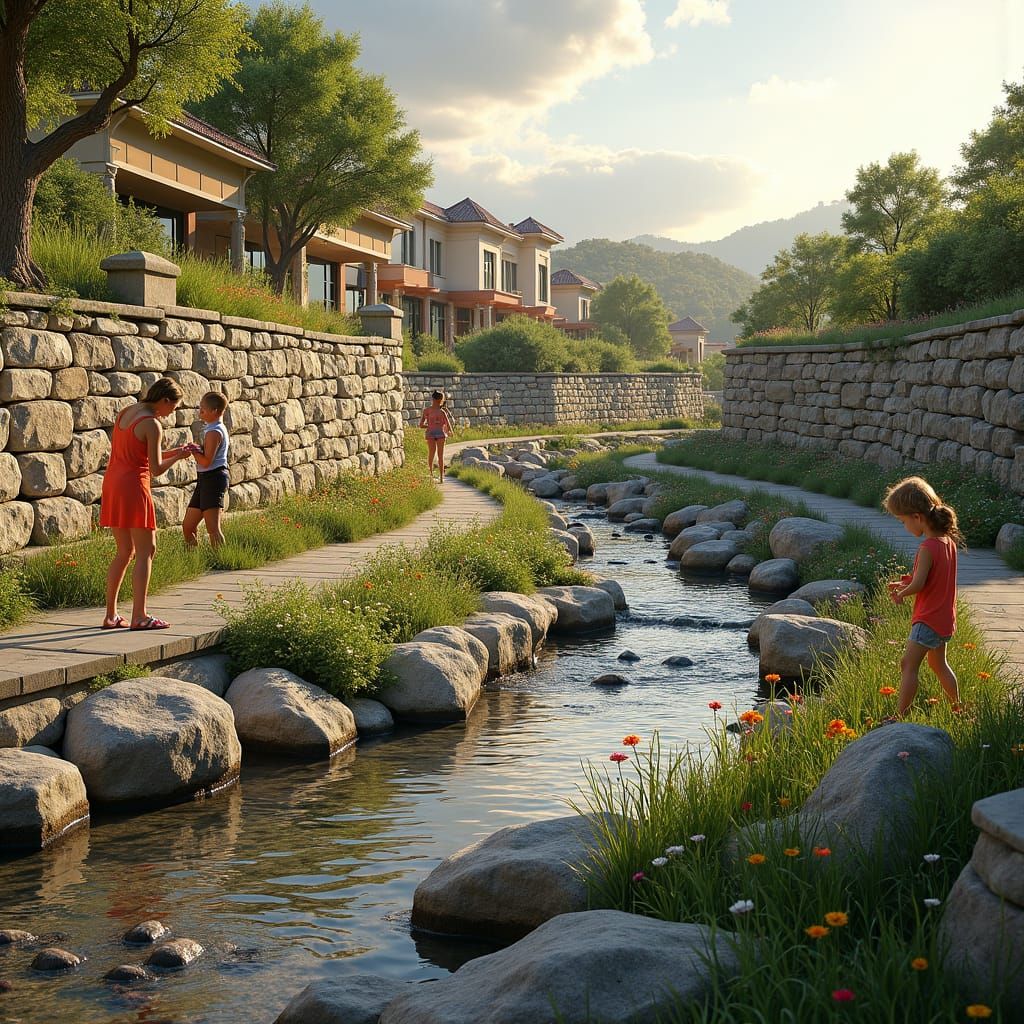 Majestic Stone Retaining Wall with Stream and Urban Scene