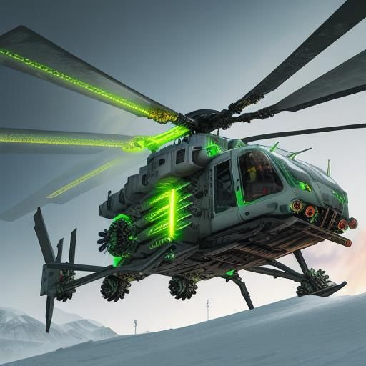 Tall vertical green white grey leather tarantula helicopter with chrome LED neon orange bright laser eyes sunrise on whi...