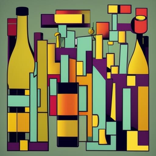 Cubist Vineyard with Wine Bottles and Grapes