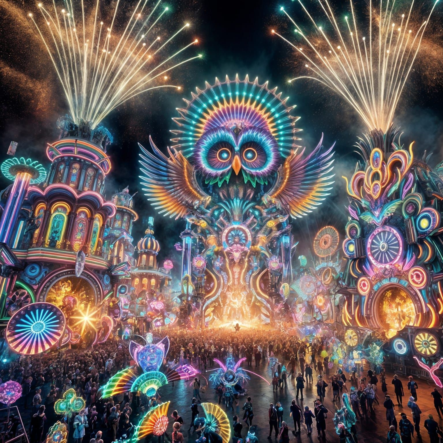Vibrant Carnival at Night with Neon Owls and Fireworks