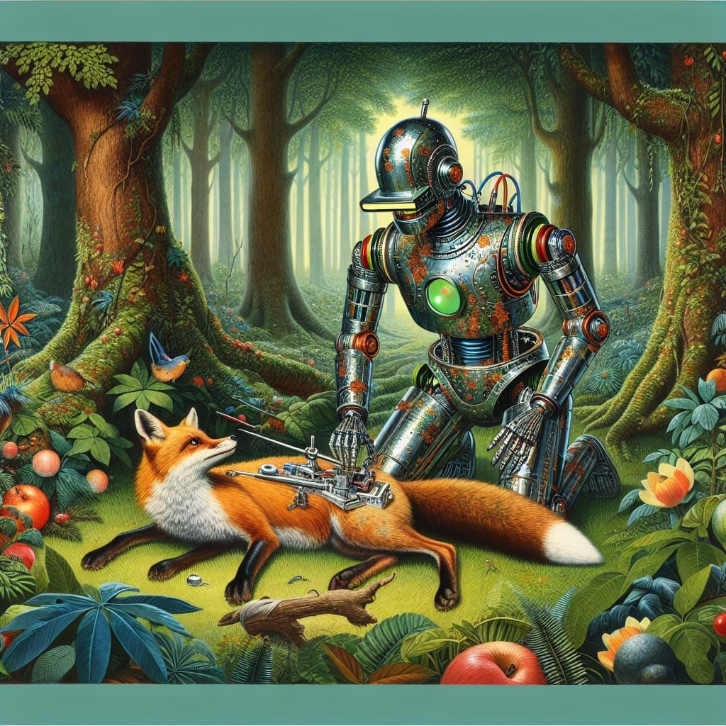 Chrome Android Aids Injured Fox in Lush Forest, Late 19th-Ce...