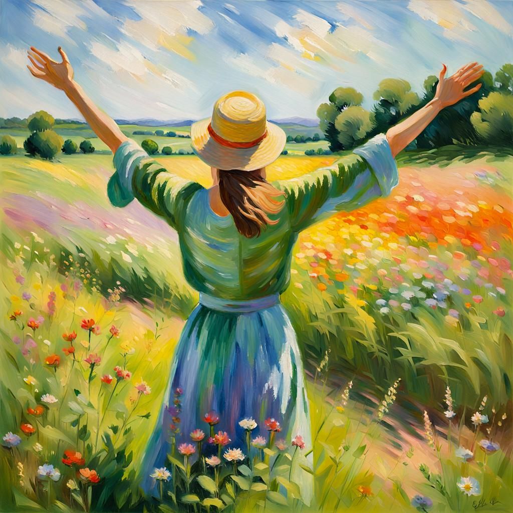 Impressionist Woman in Field, Monet Style