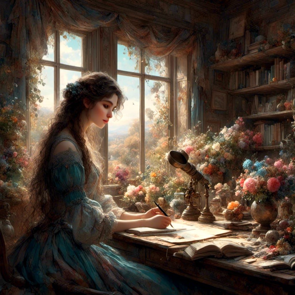 Jo from Little Women Writing, Sketch Style