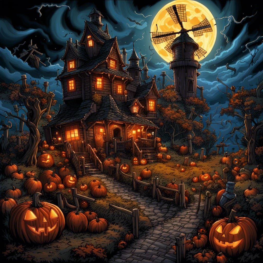 Halloween Castle with Windmills in Comic Book Art