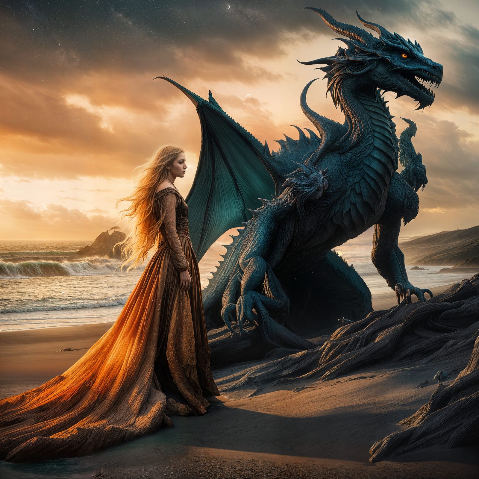 Gothic Goddesses and Dragon on Windswept Shoreline