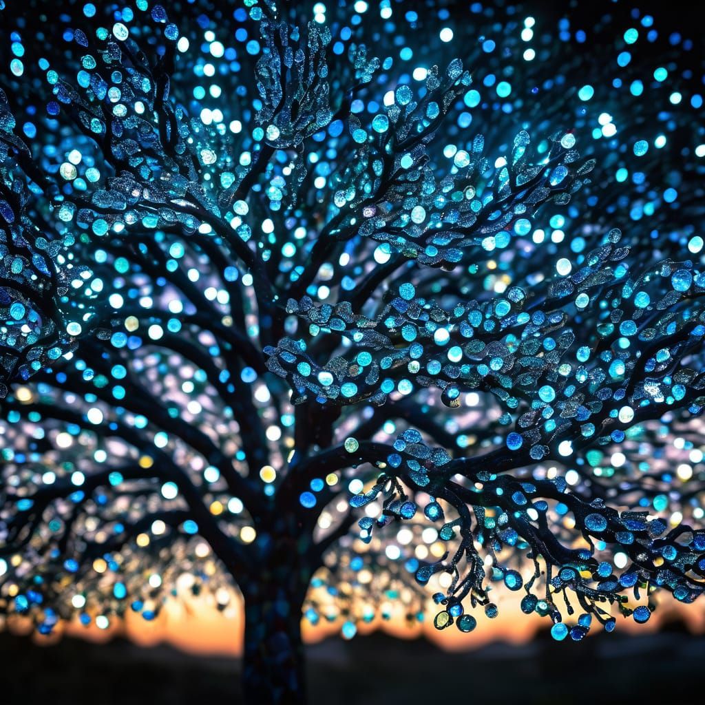 Ethereal Glass Mosaic Tree Radiates Celestial Light