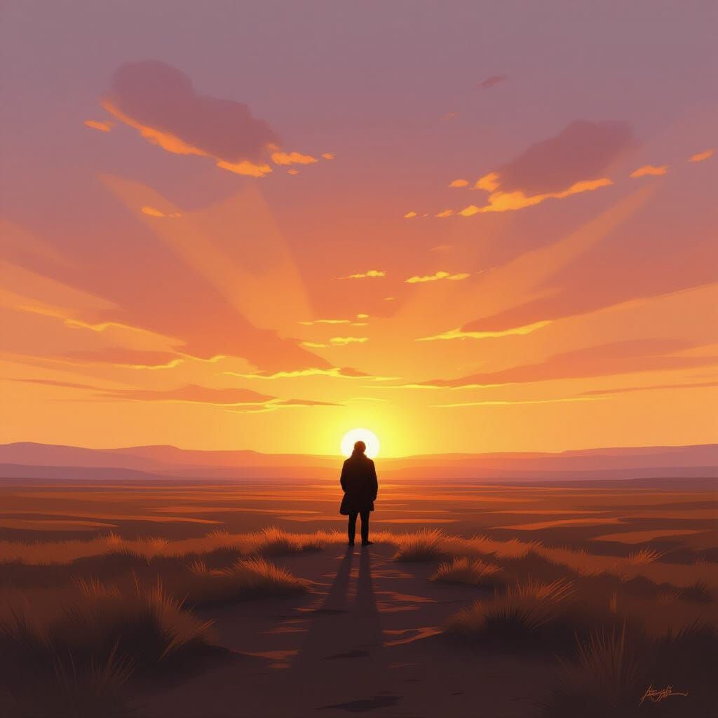 Solitary Figure in Golden Hour Landscape Painting
