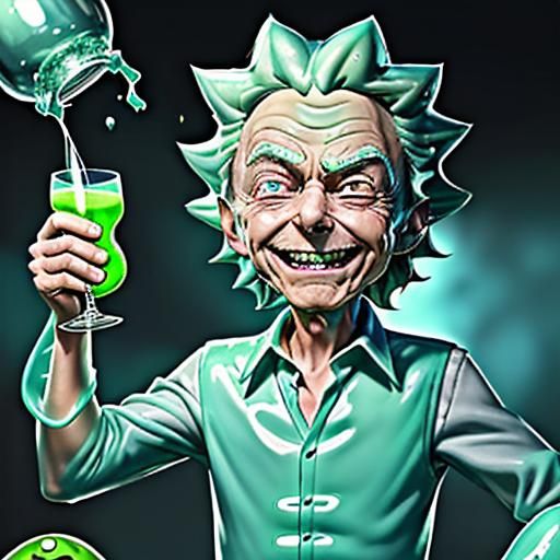 Rick, with a grin, raises a glass filled with slime,
"Morty, my grandson, to another dimension, on a quest for good time...