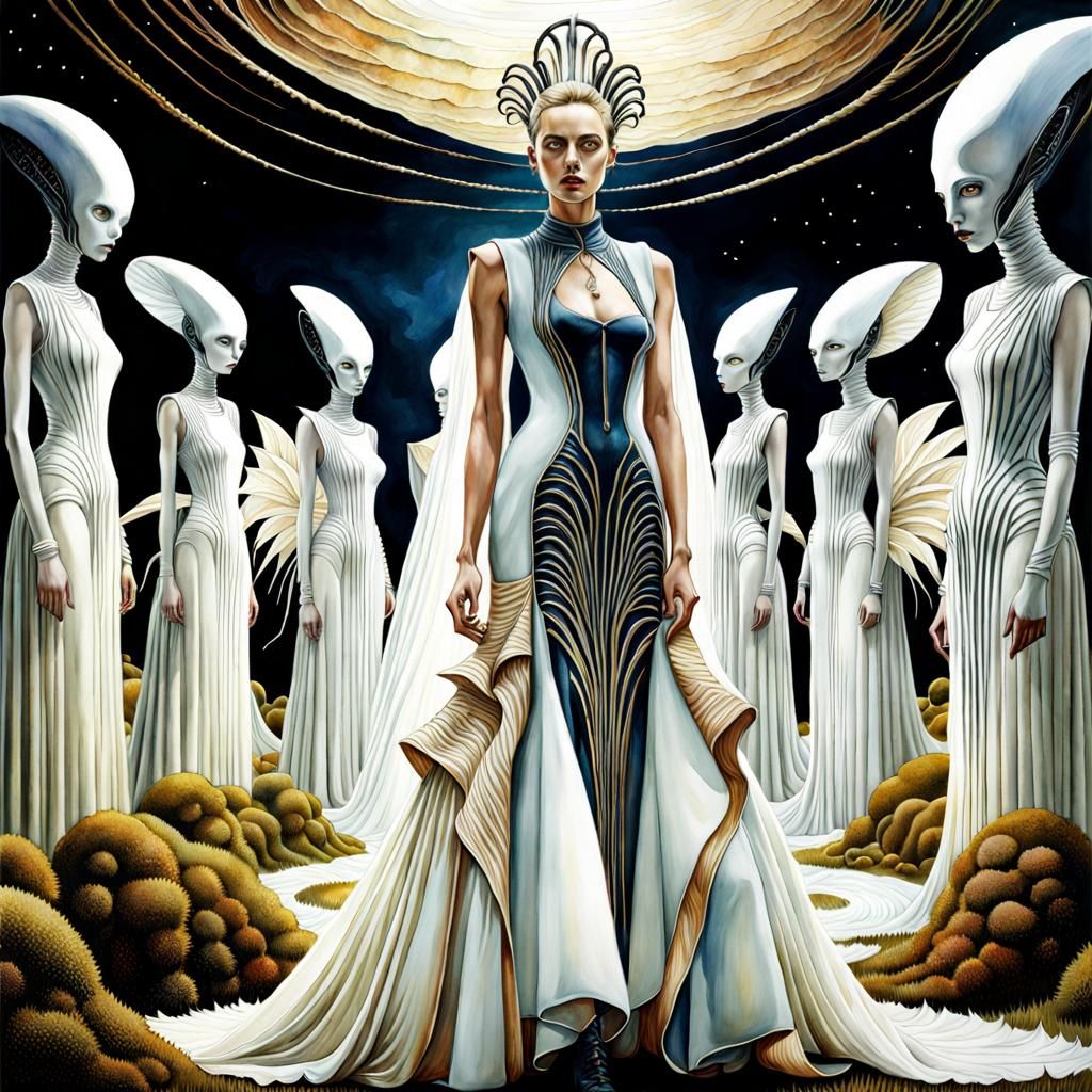 Surreal Alien Fashion Show in Watercolor Style