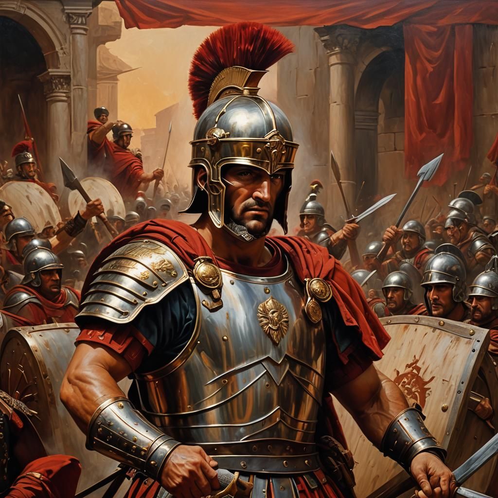 Roman Centurion in Oil Painting Style Battle Scene