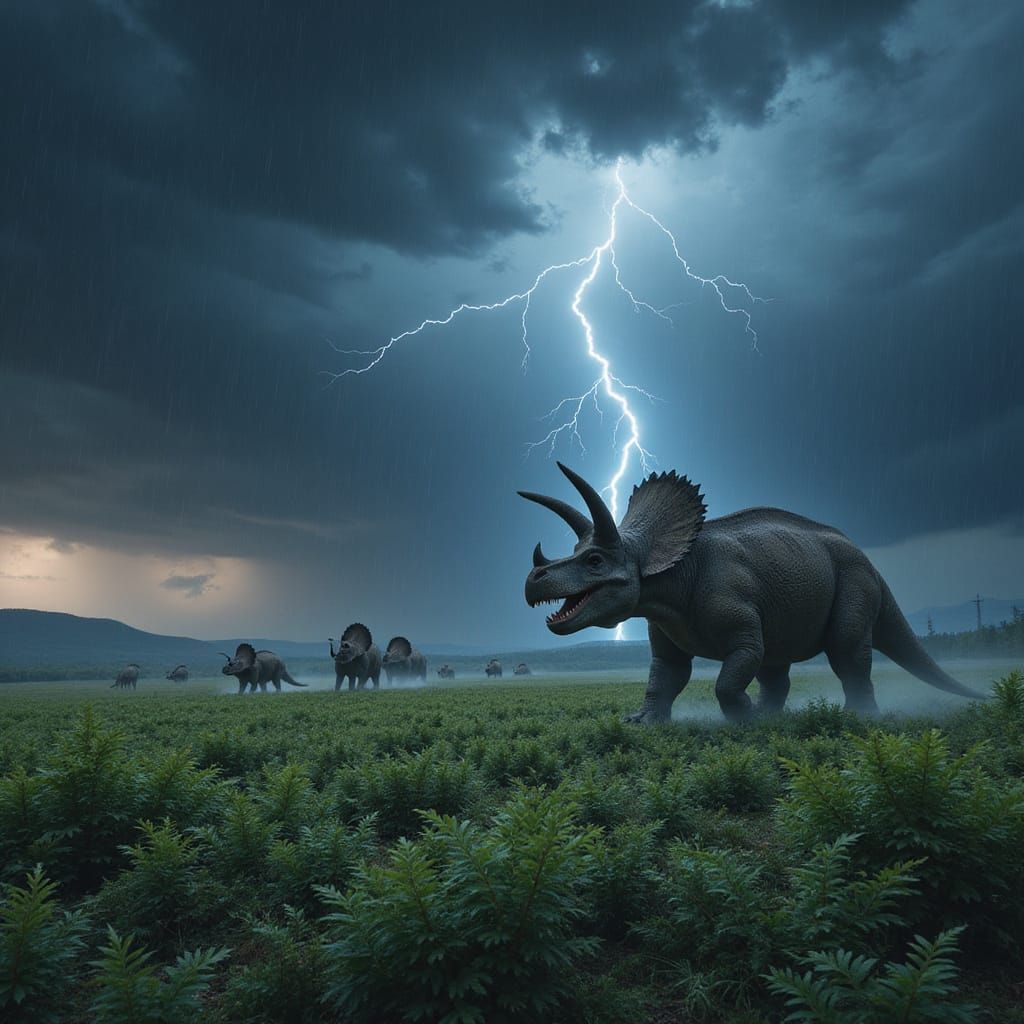 Triceratops Herd in Thunderstorm, Matte Painting