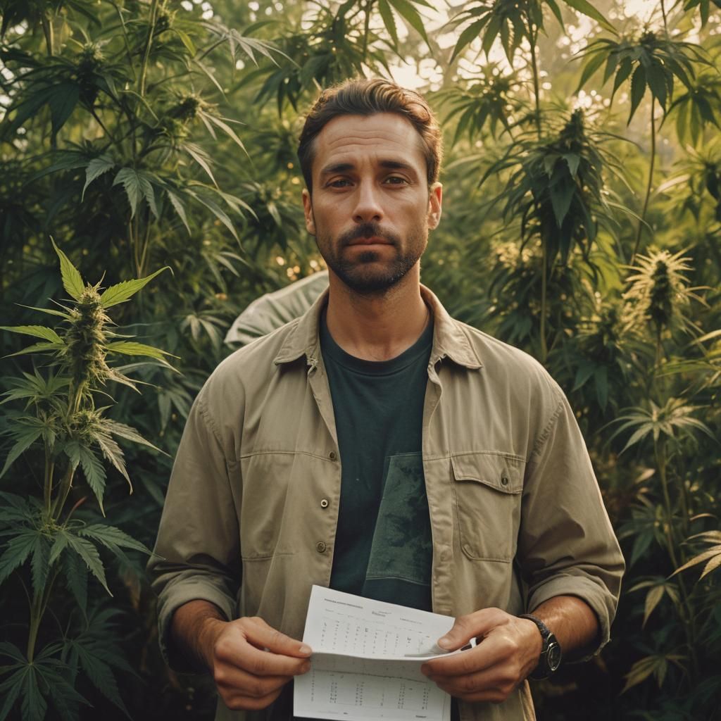 Man with Cannabis Plants in Golden Hour Lighting