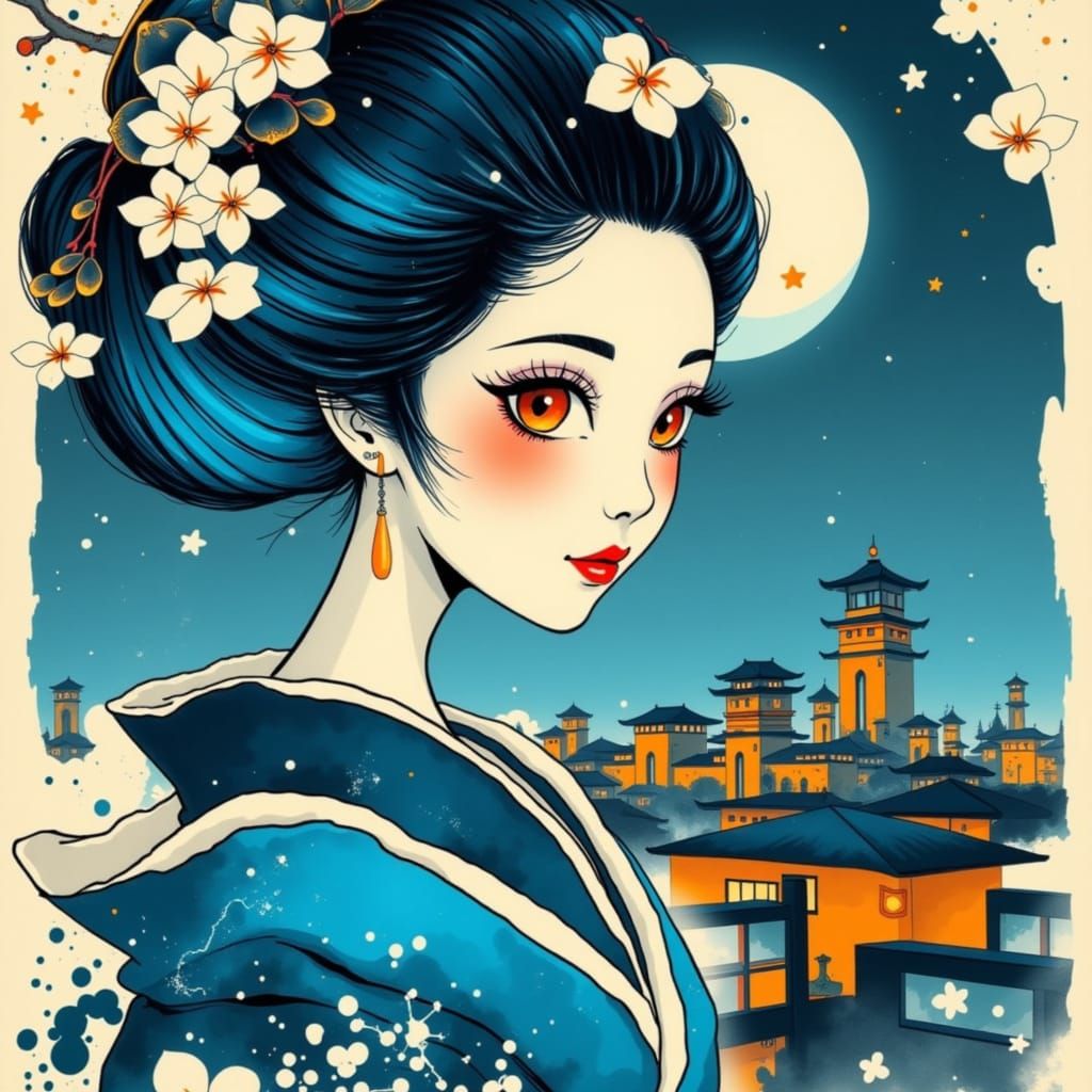 Surreal Geisha in Cyberpunk Floating City at Dusk