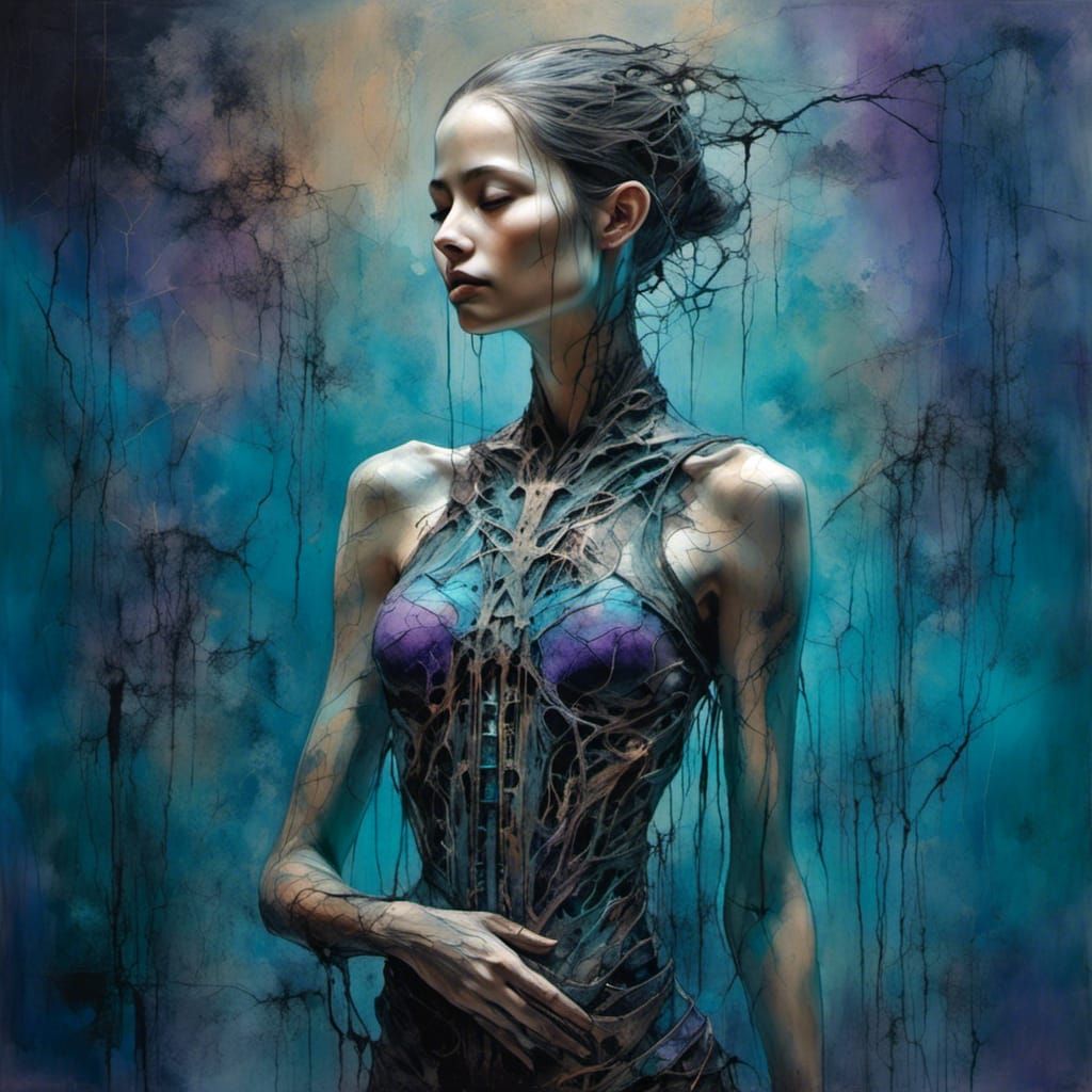 Cyborg Woman in Neon Sanskrit Dress