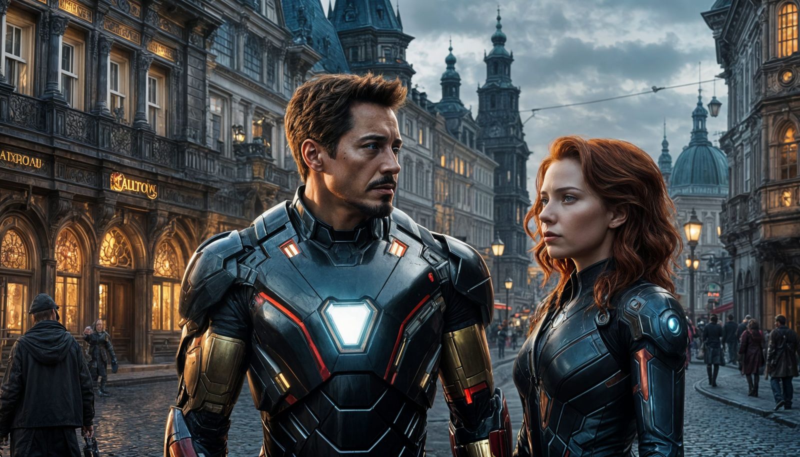 Black Widow and Iron Man in Prague, Hyperrealistic 3D