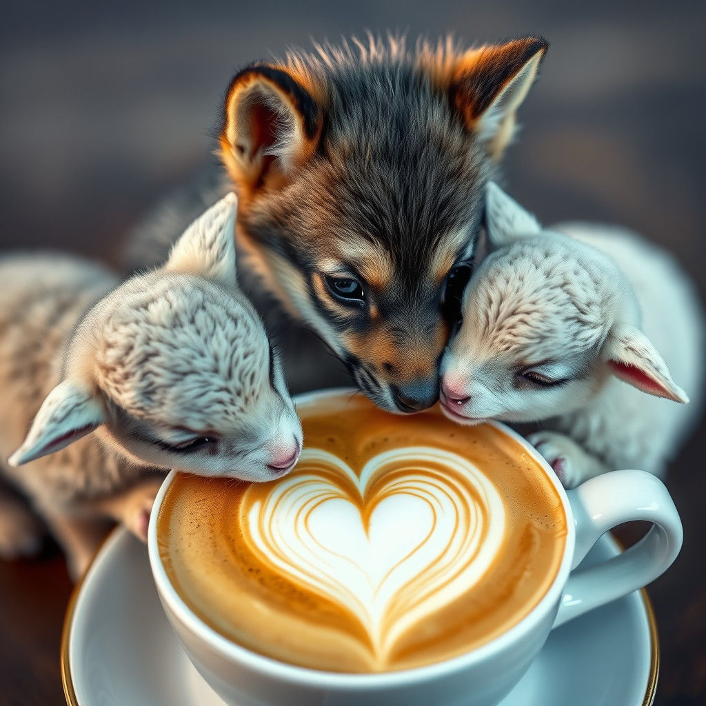 a hyper-photorealistic wolf cub and sheep cubs are licking l...