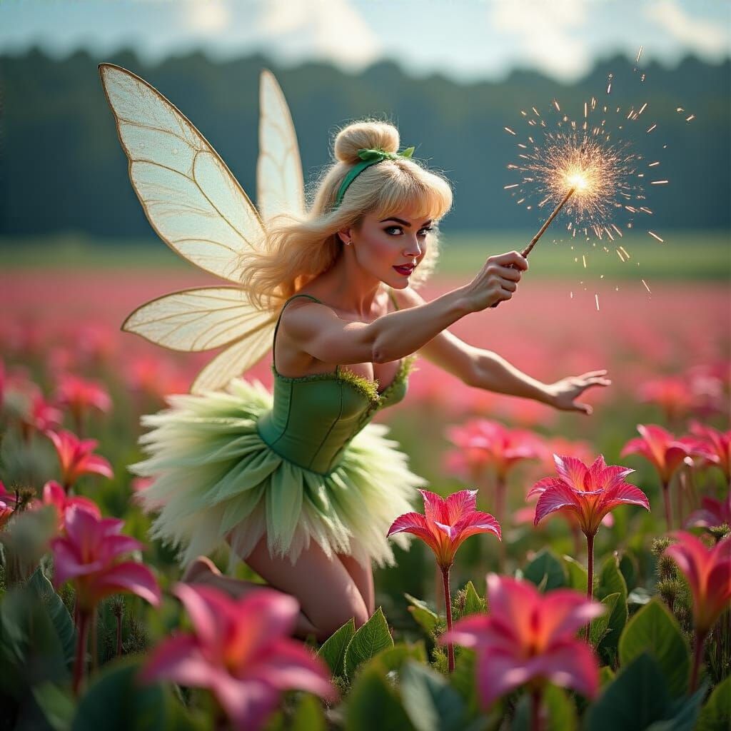 Margot Robbie as Tinkerbell in a Vibrant Field