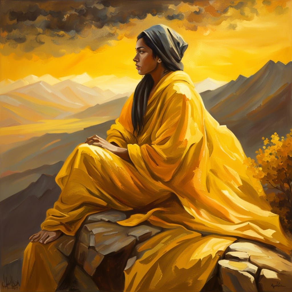 Golden Arab Girl in Dreamy Mountain Landscape