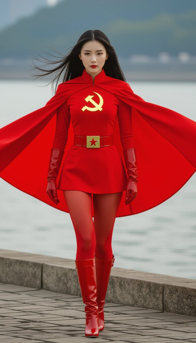 Chinese Woman Superhero in Red, Cinematic River Backdrop