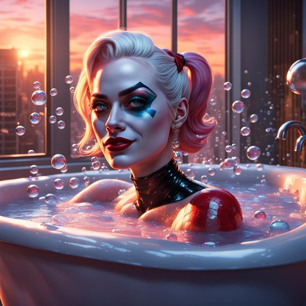 Harley Quinn in the bubble bath, sunset, vacation vibe”