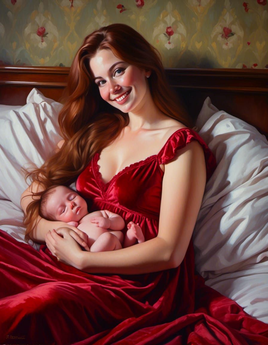 Mother and Newborn Portrait in Velvet Nightgown