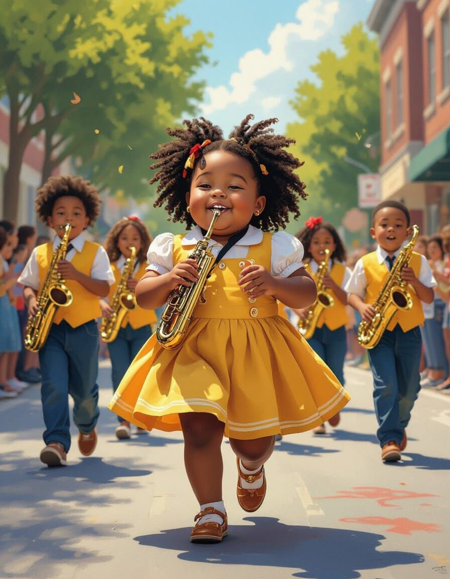 Black Girl Plays Harmonica in School Band Parade
