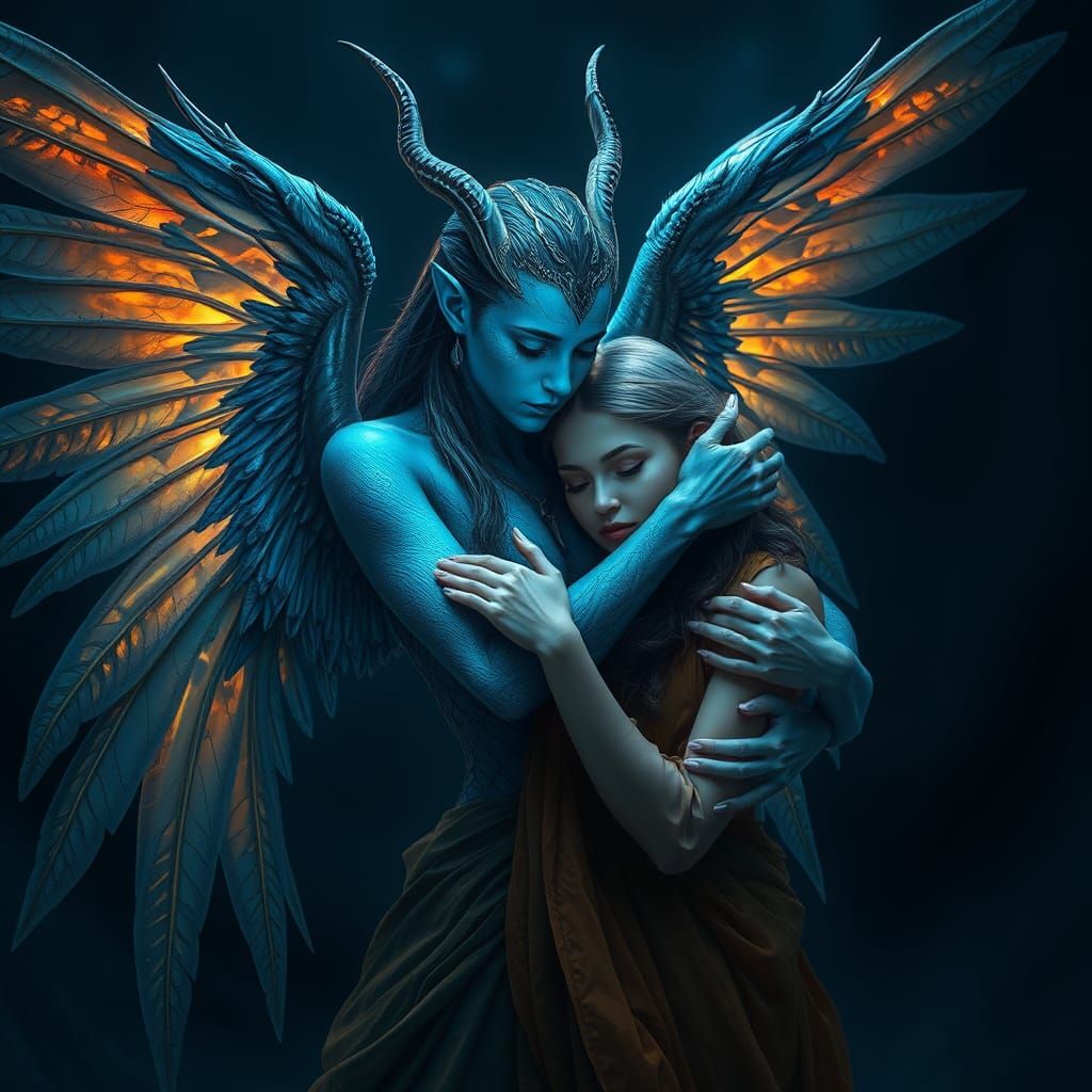 Winged Nephilim Woman Embracing Human in Matte Painting Styl...