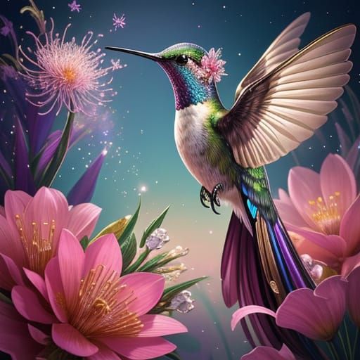 Ethereal Hummingbird in Whimsical Floral Wonderland