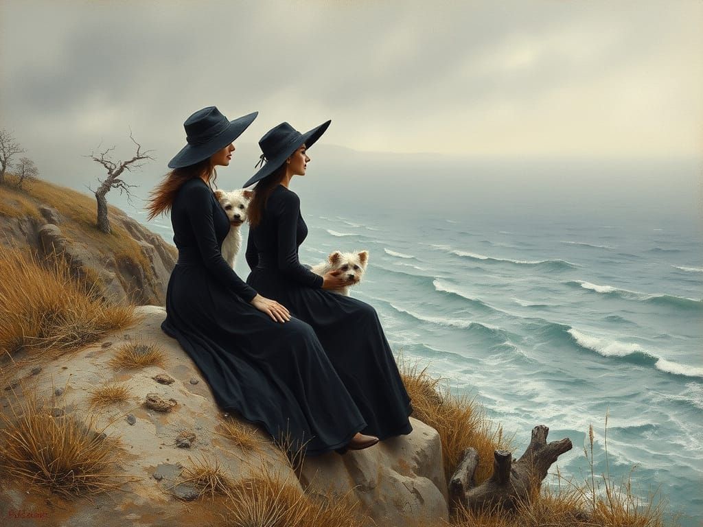 Impressionist Painting: Women and Dog on Windswept Cliff