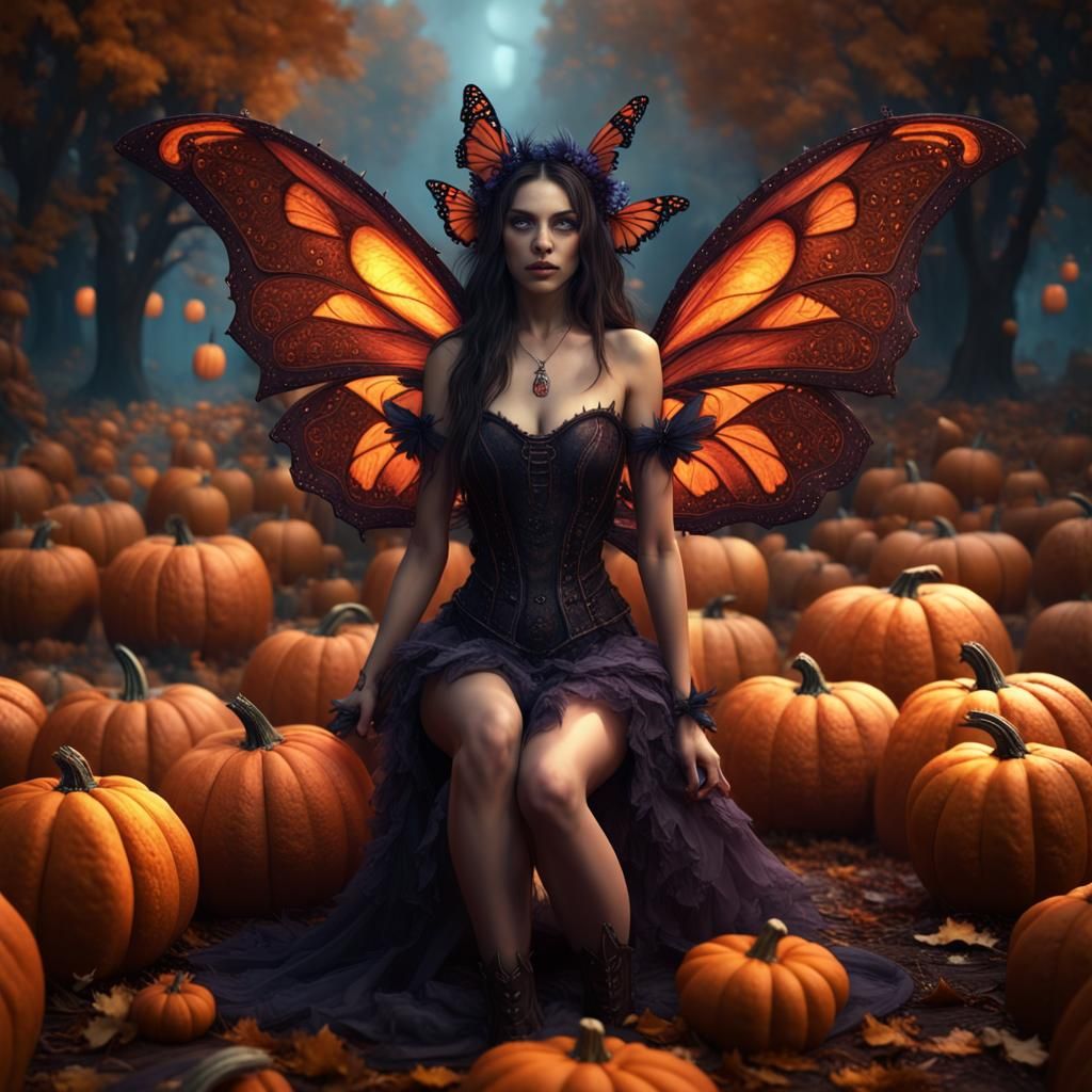 Dark Fairy with Butterfly Wings and Pumpkins