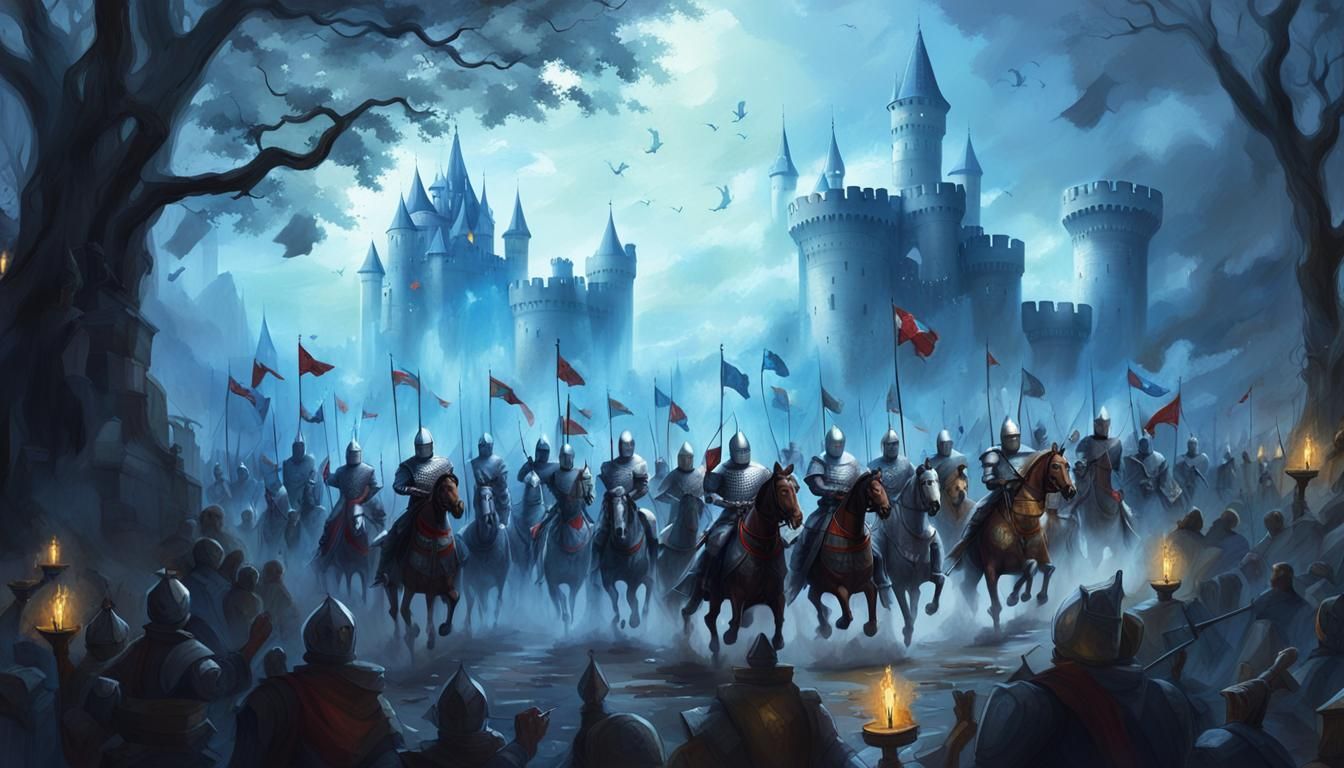 Knights on Armored Horses Ride Past Castle