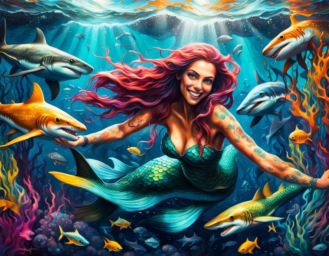 Colorful Mermaid with Baby Sharks in Graffiti Style