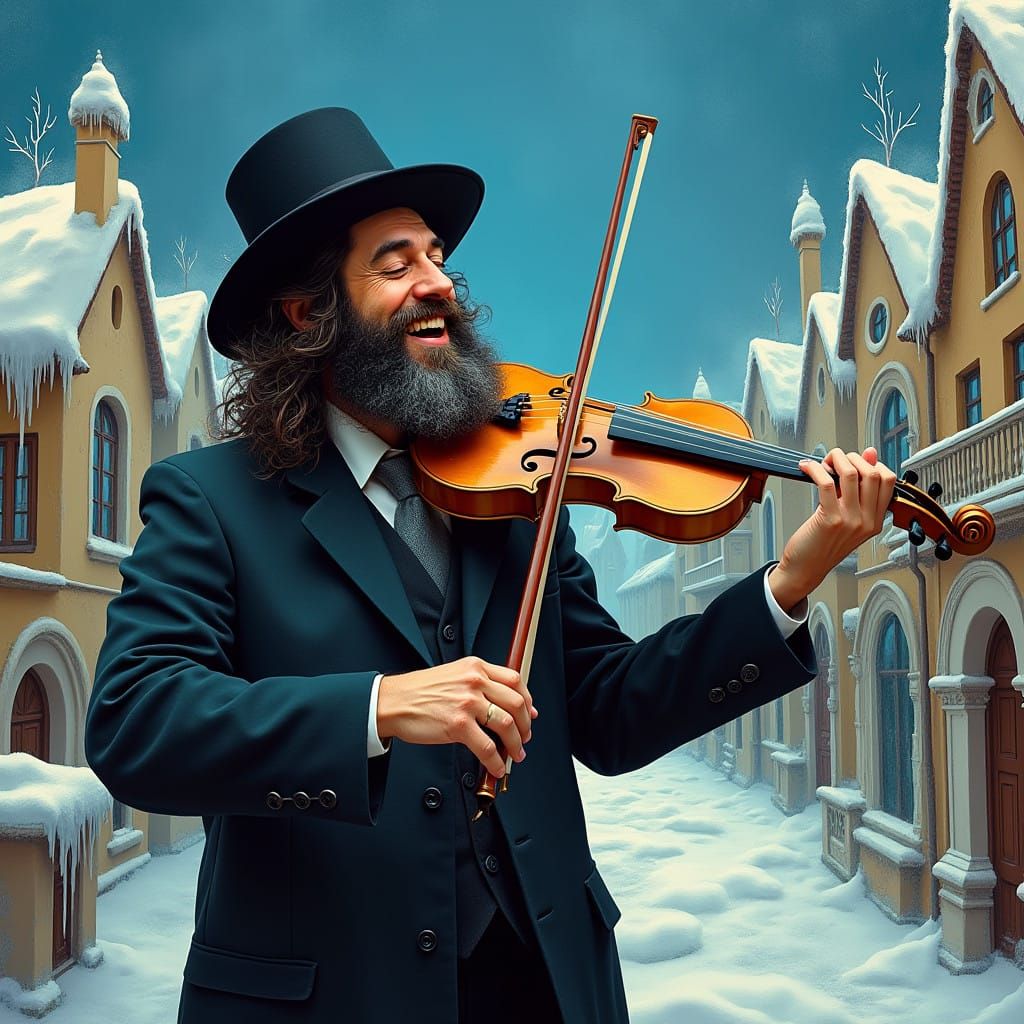 Chabad Hasidic Rabbi Plays Violin in Dreamlike Snowy Scene
