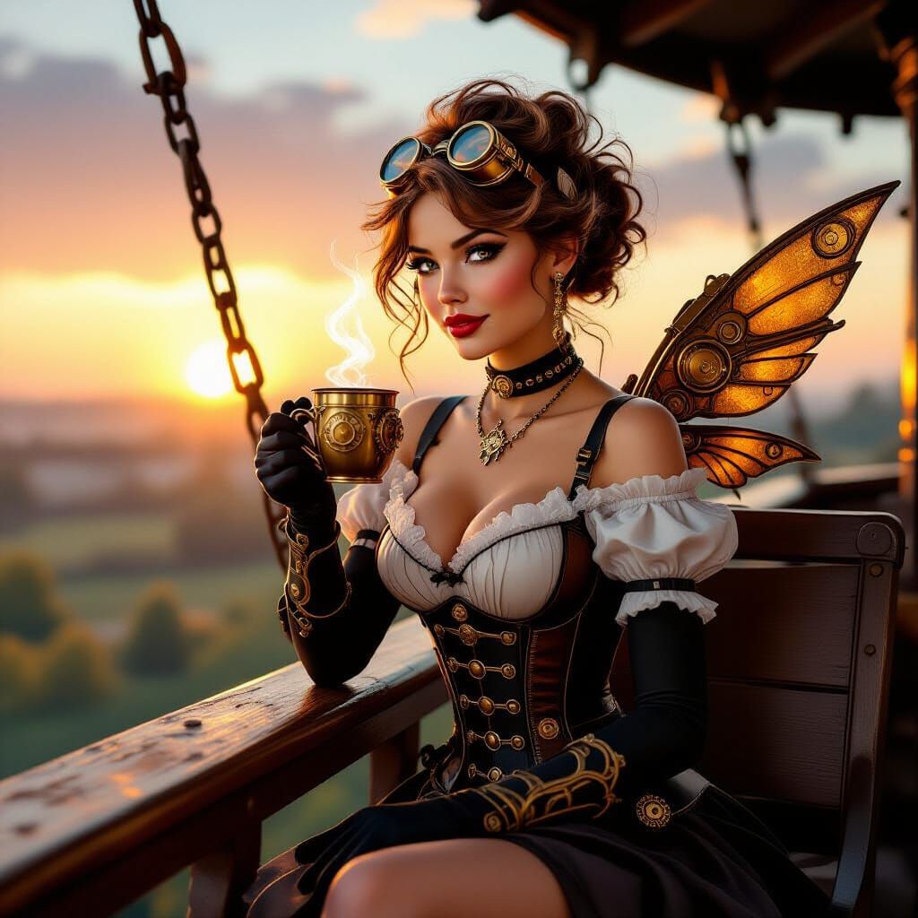 Steampunk Pinup Girl with Mechanical Wings at Sunrise
