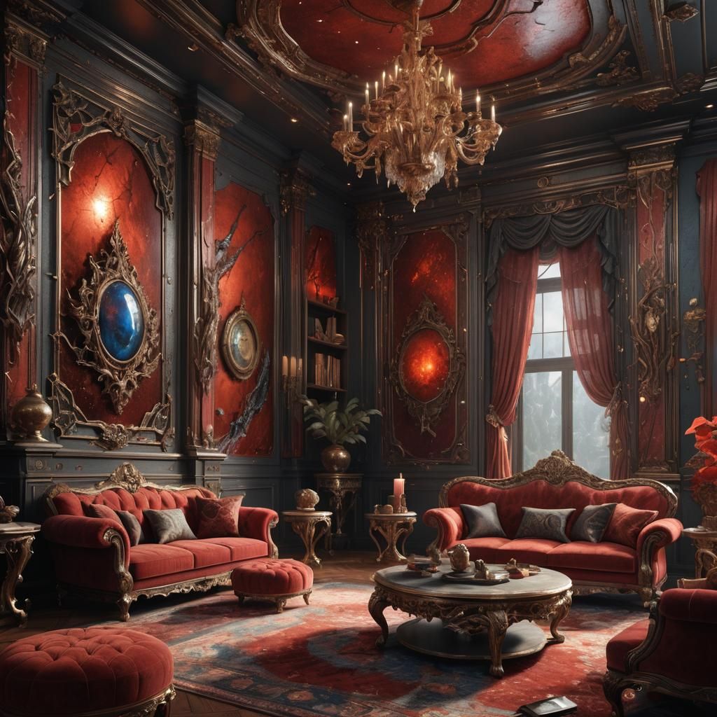 Red Labradorite Living Room in Detailed Matte Painting