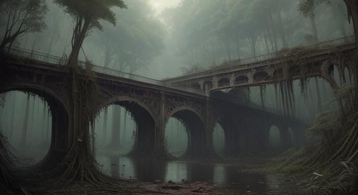 Overgrown Abandoned Highway Bridge in Dark Forest