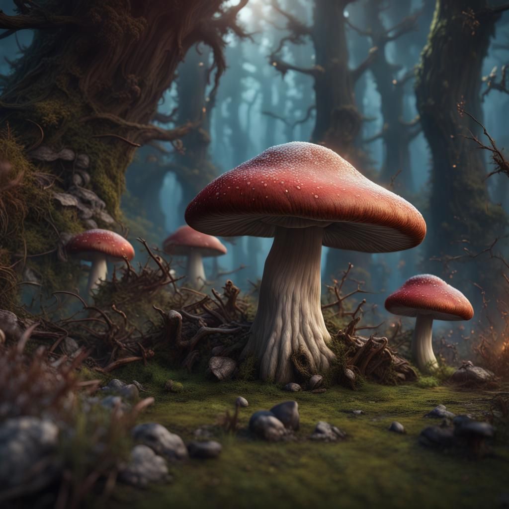 Fantastical Mushroom Matte Painting in Deep Color