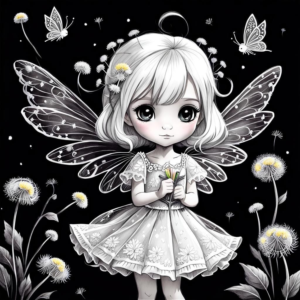 Chibi Dandelion Fairy in Monochrome Pencil Sketch
