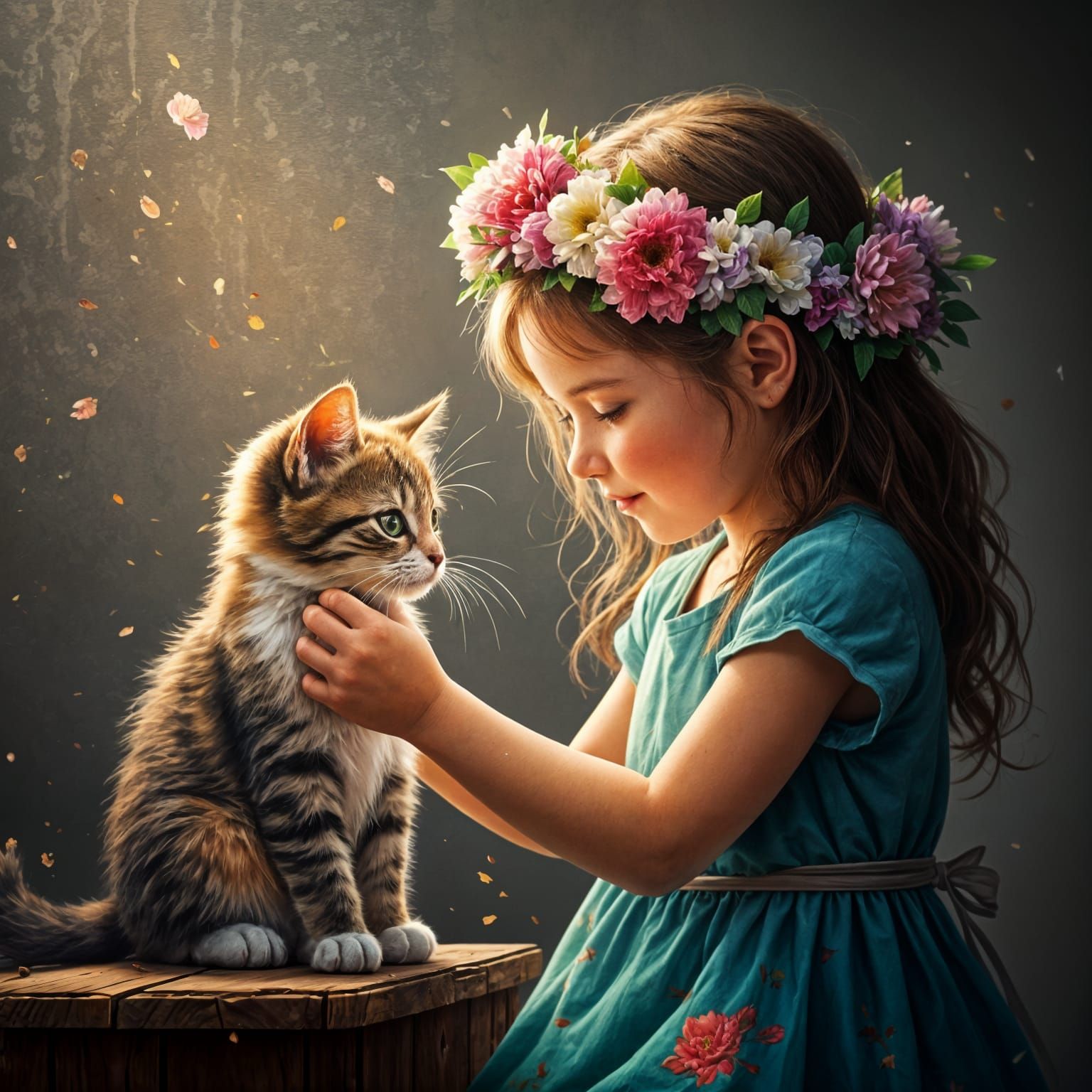 Sweet Girl and Kitten, A Delicate Floral Wreath in Oil Paint...