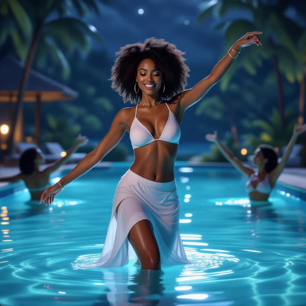 CGI Woman Dancing Peacefully in Night Pool