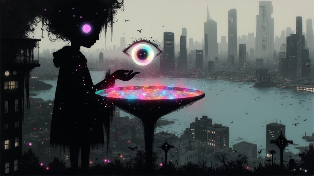 Cyberpunk Bird Bath in Futuristic Metropolis