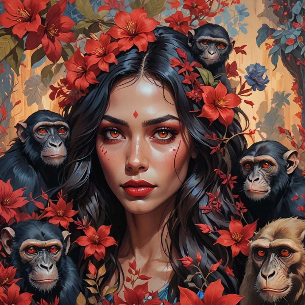 Portrait of Woman with Monkeys and Flowers